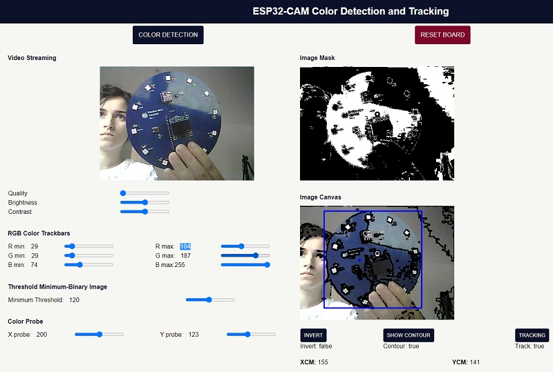 ESP32-CAM Веб-сервер Отслеживание цвета Демонстрация OpenCV.js