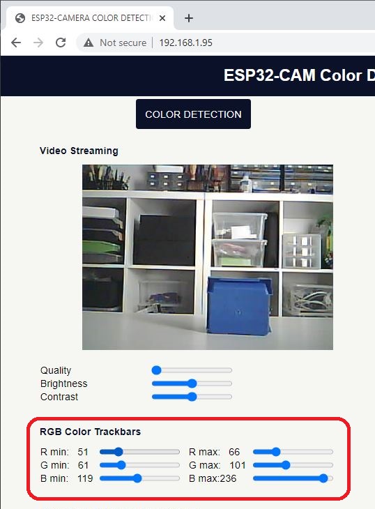 ESP32-CAM Веб-сервер Отслеживание цвета RGB ползунки OpenCVJS