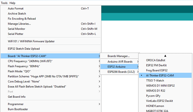 Выбор ESP32-CAM AI Thinker в Arduino IDE