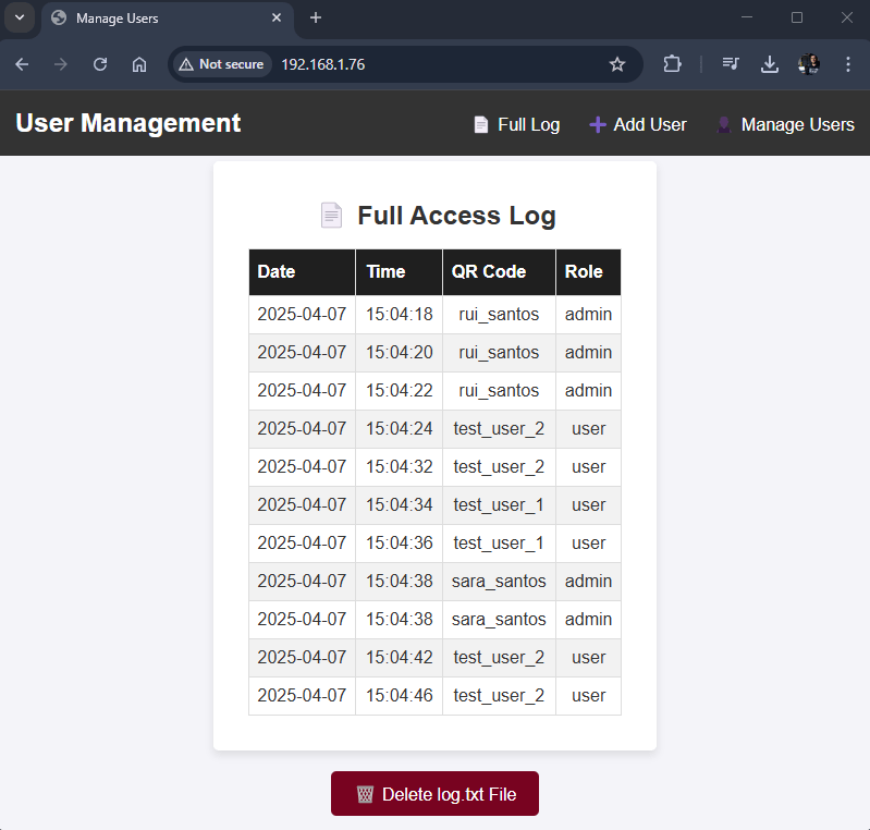 ESP32-CAM QR Code Reader Web Server — таблица полного журнала