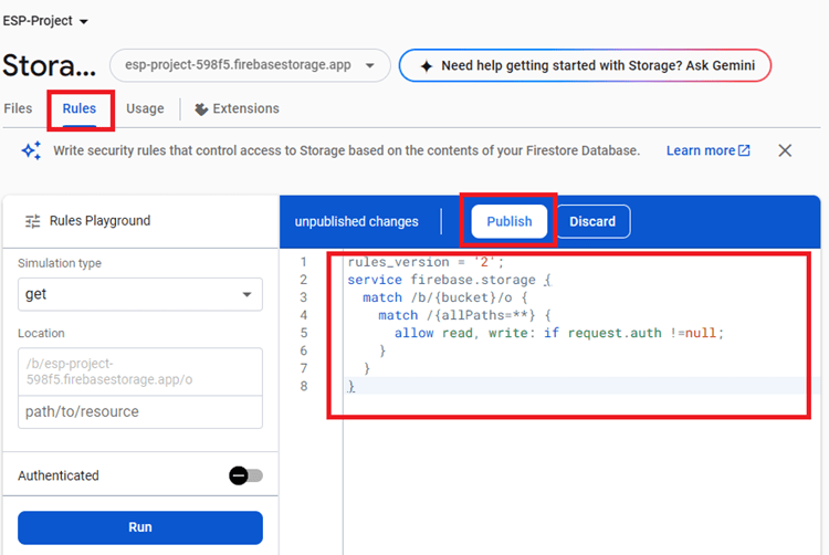 Firebase Storage Bucket — изменение правил