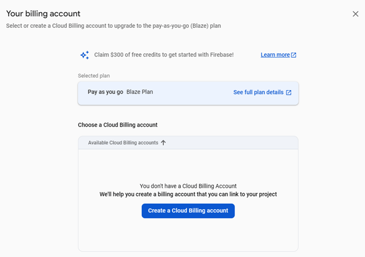 Firebase Storage — создание платёжного аккаунта