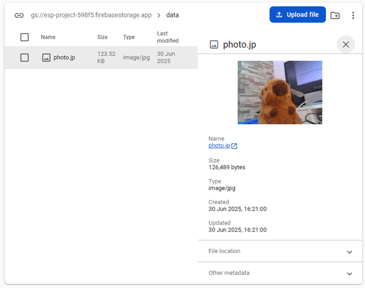 Фотография загружена в Firebase Storage — метаданные