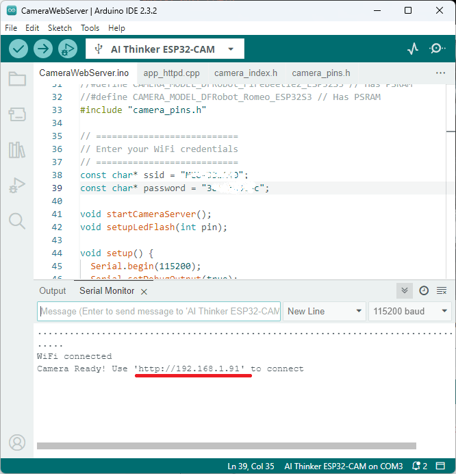 Получение IP-адреса в примере CameraWebServer через монитор порта Arduino IDE ESP32-CAM