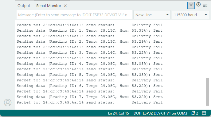 Serial Monitor платы-отправителя ESP32 ESP-NOW - сообщение отправлено, но доставка не удалась