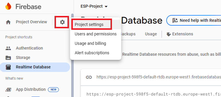 Настройки проекта Firebase Realtime Database