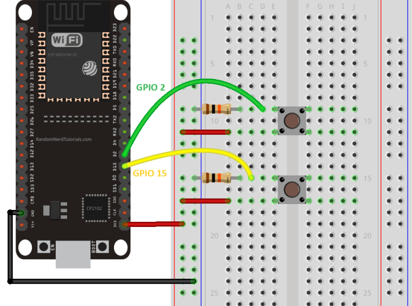 ESP32 с двумя кнопками для пробуждения из глубокого сна