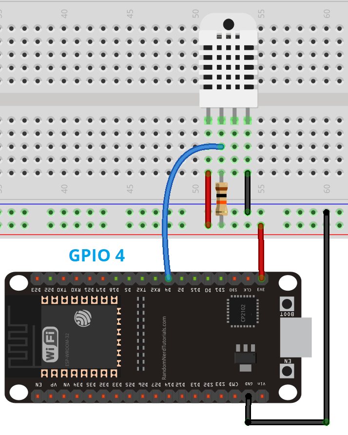 Схема подключения ESP32 с датчиком DHT11/DHT22
