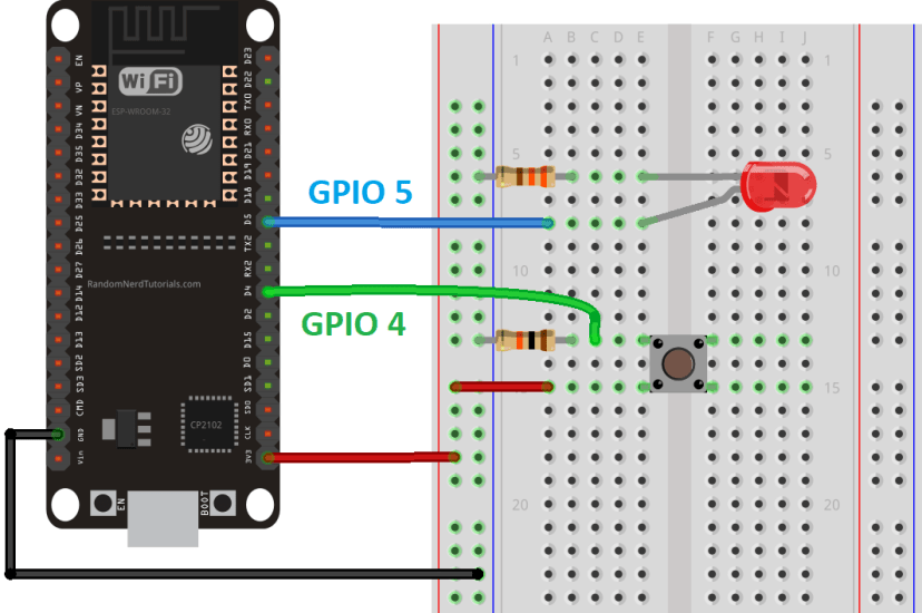 Схема подключения цифрового входа и выхода ESP32 со светодиодом и кнопкой