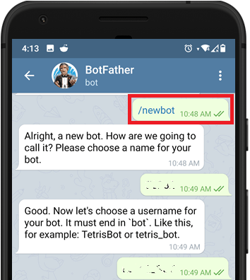 Создание нового бота через BotFather в Telegram