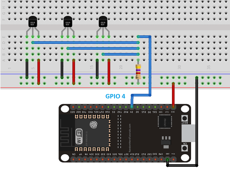 Схема подключения нескольких датчиков температуры DS18B20 к ESP32