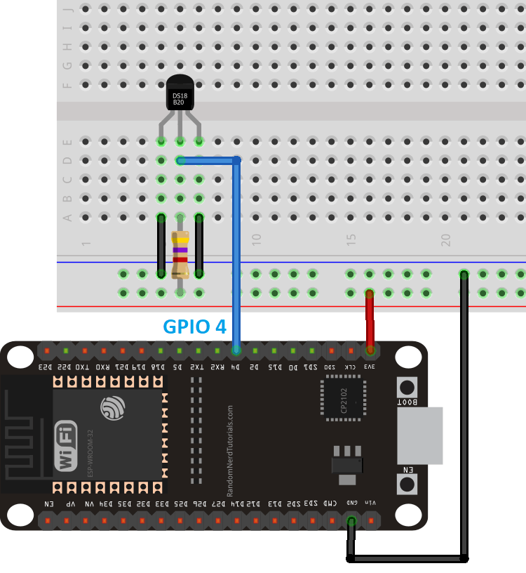 Схема подключения датчика температуры DS18B20 к ESP32 в паразитном режиме