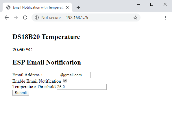 ESP32 веб-сервер с пороговым значением температуры и уведомлением по Email