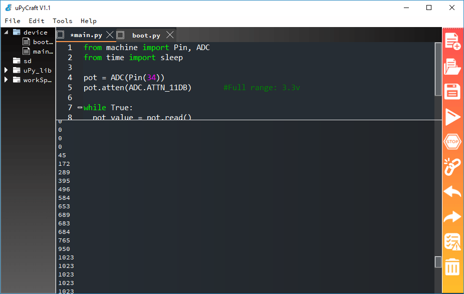 Вывод аналоговых показаний в Shell/REPL MicroPython