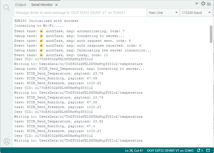 ESP32 Отправка показаний BME280 в Firebase RTDB -- Serial Monitor