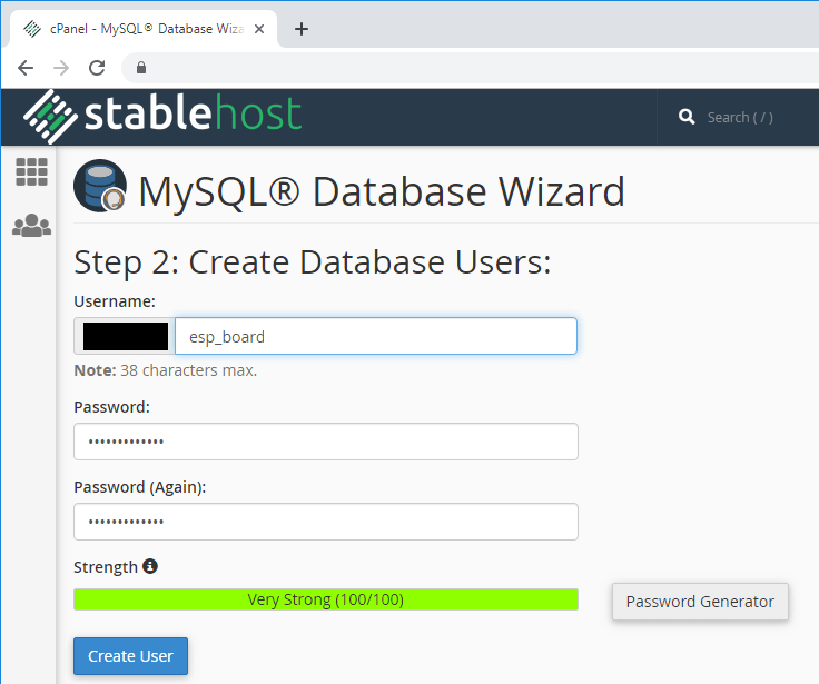 ESP32 ESP8266 CPanel — создание пользователя и пароля MySQL