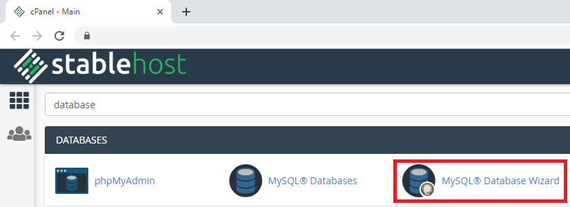 CPanel — выбор MySQL Database Wizard для создания базы данных
