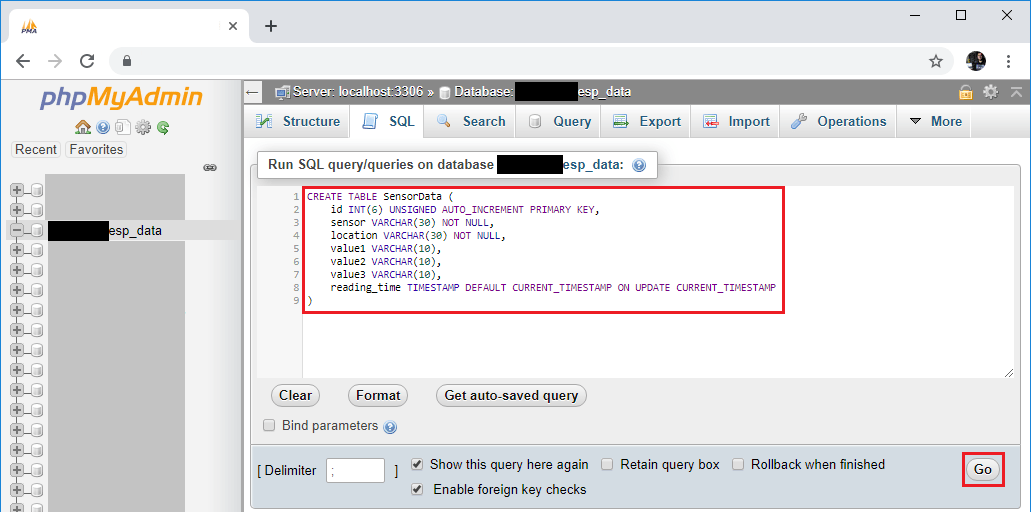 ESP32 ESP8266 phpMyAdmin — создание SQL-таблицы