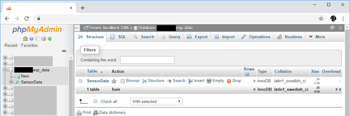 ESP32 ESP8266 phpMyAdmin — просмотр базы данных SQL