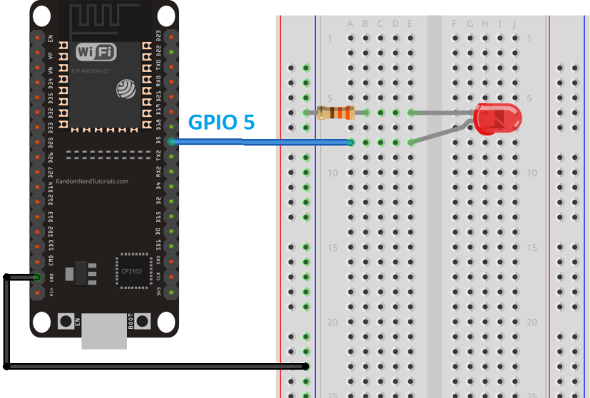 ESP32 PWM с MicroPython — схема подключения светодиода