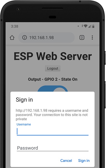 ESP32 ESP8266 NodeMCU веб-сервер с HTTP-аутентификацией — демонстрация на телефоне