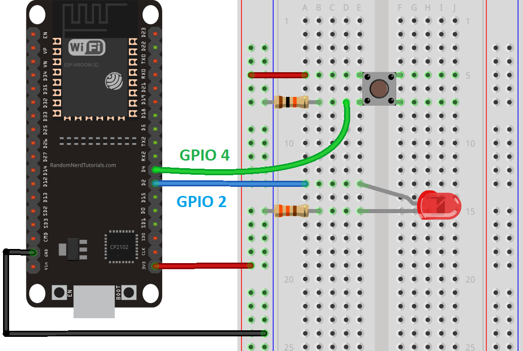 ESP32 схема подключения светодиода и кнопки