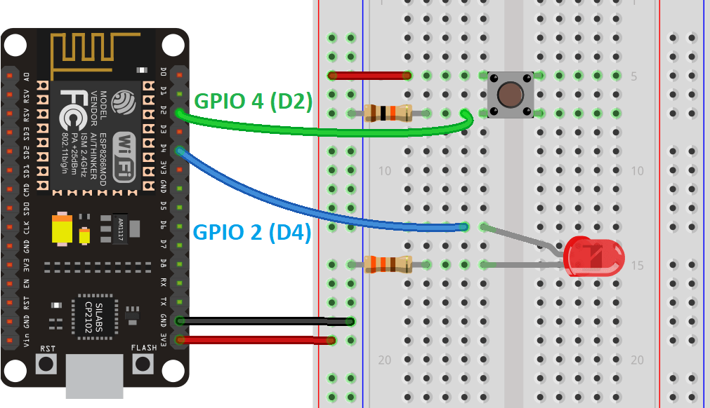 ESP8266 NodeMCU схема подключения светодиода и кнопки
