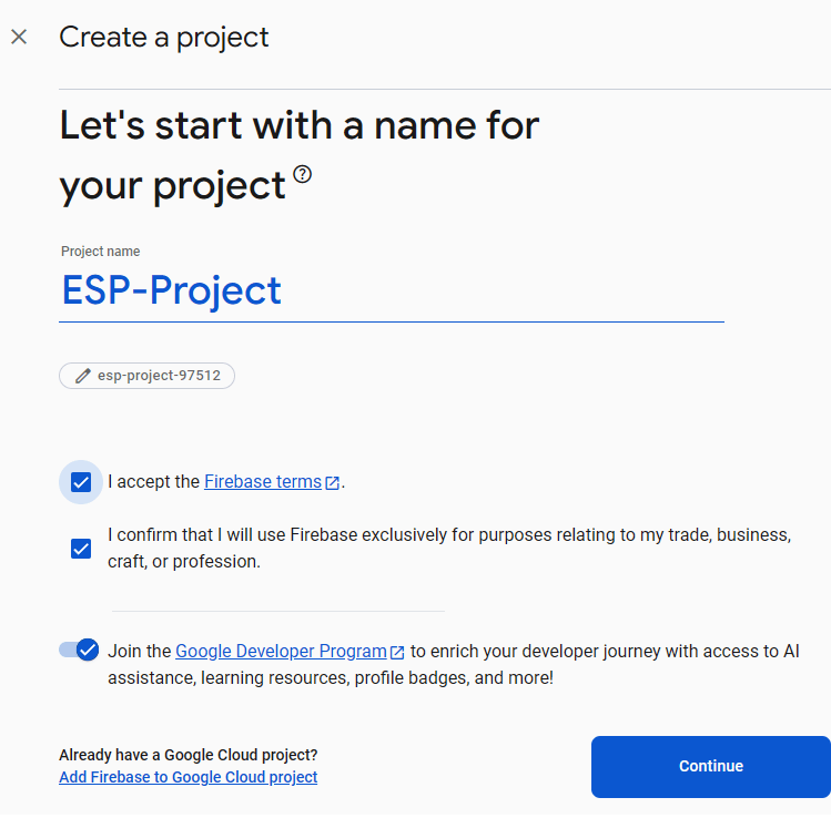Настройка проекта Firebase для ESP32 и ESP8266 -- шаг 1