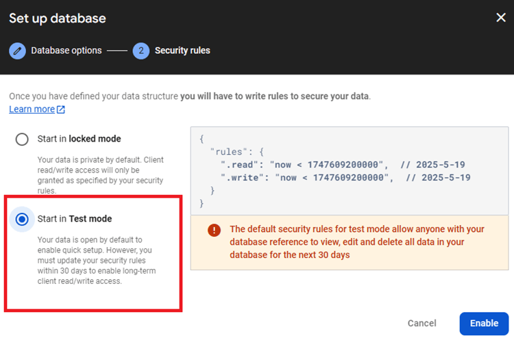 Firebase Realtime Database -- запуск в тестовом режиме