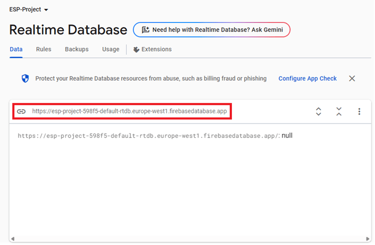 URL базы данных Firebase Realtime Database