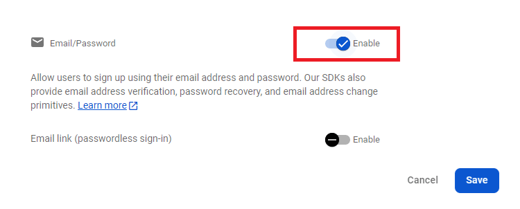 Включение входа по Email/Password в Firebase