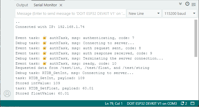 ESP32 получение данных из Firebase Realtime Database -- результат Serial Monitor