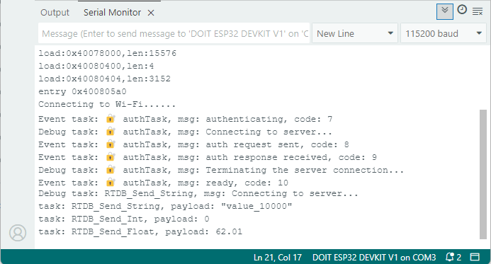 ESP32 отправка данных в Realtime Database Firebase — монитор последовательного порта