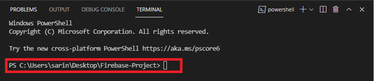 Окно терминала — папка проекта Firebase