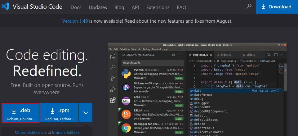 Страница загрузки Microsoft Visual Studio Code для Linux Ubuntu