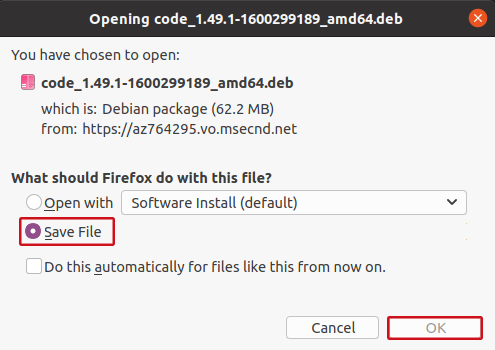 Сохранение файла установки Microsoft Visual Studio Code для Linux Ubuntu