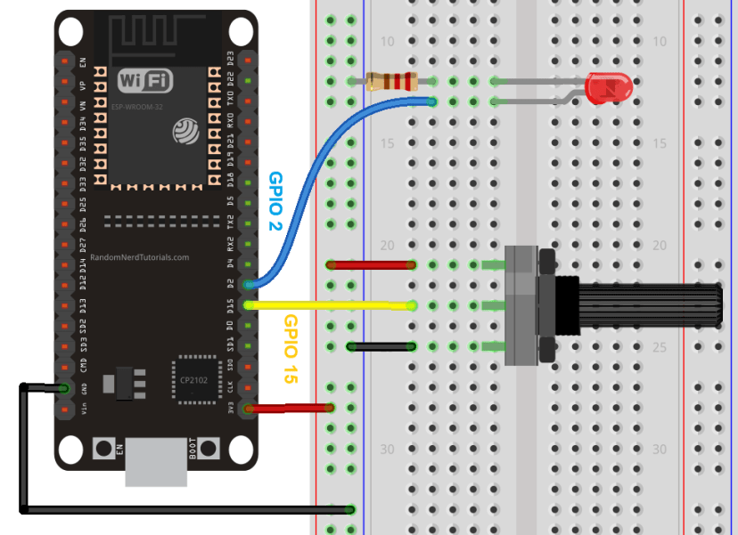 ESP32 подключён к светодиоду и потенциометру