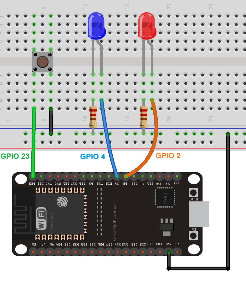 Принципиальная схема ESP32 с двумя светодиодами и одной кнопкой