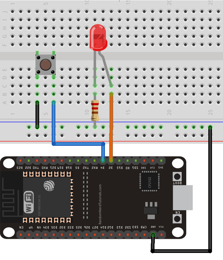 ESP32 подключён к кнопке и светодиоду -- схема подключения