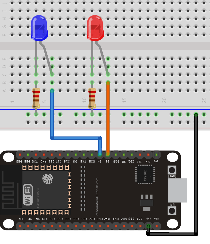 Схема подключения ESP32 к GPIO 2 и GPIO 4