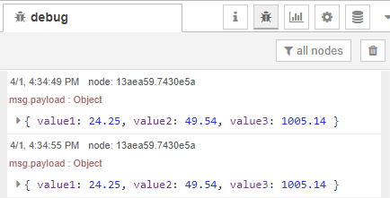 Отладочное окно Node-RED - JSON объект