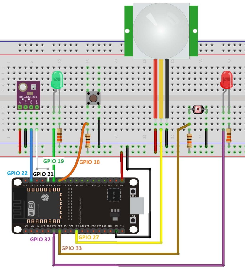 Схема соединений ESP32 IoT Shield на макетной плате