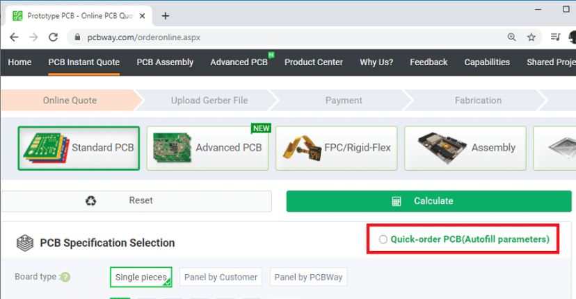 PCBWay заказ PCB -- автозаполнение параметров
