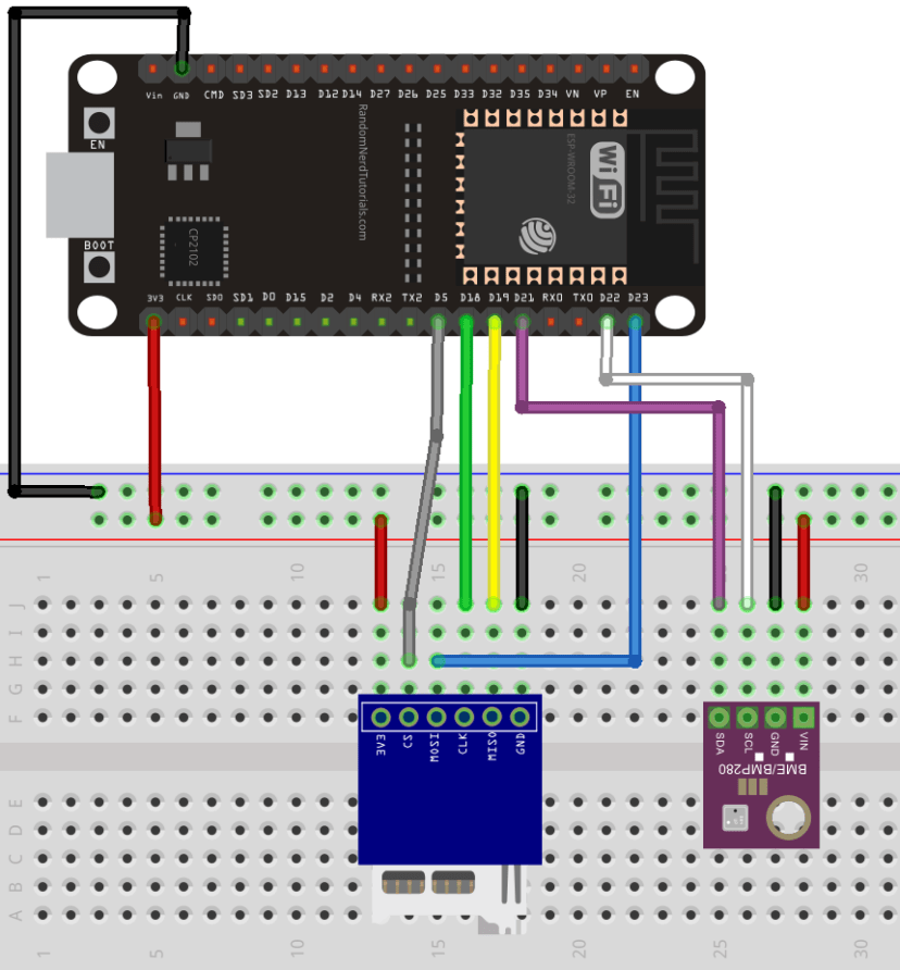 Схема подключения ESP32 microSD-карты и BME280