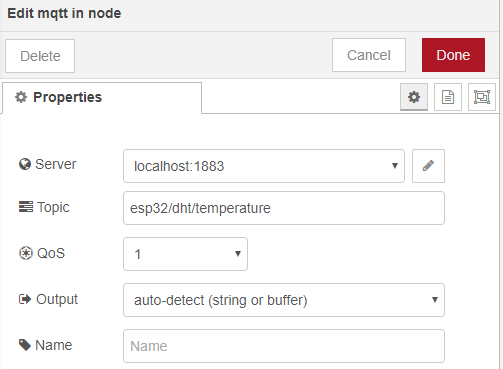 Свойства узла MQTT In ESP32 публикация температуры и влажности Node-RED Flow