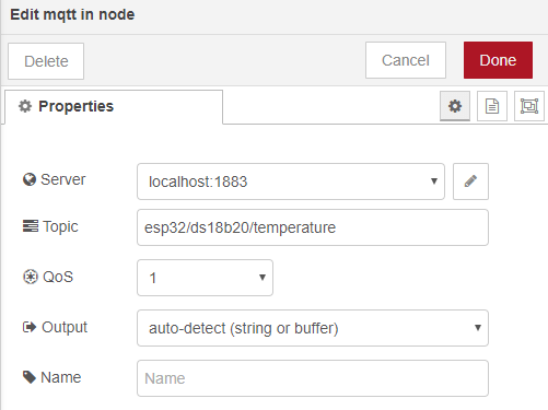 MQTT In узел ESP32 публикация температуры Node-RED поток