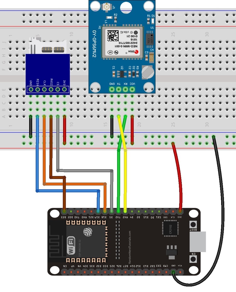 Схема подключения ESP32 GPS-логгера с NEO-M8N и microSD-картой