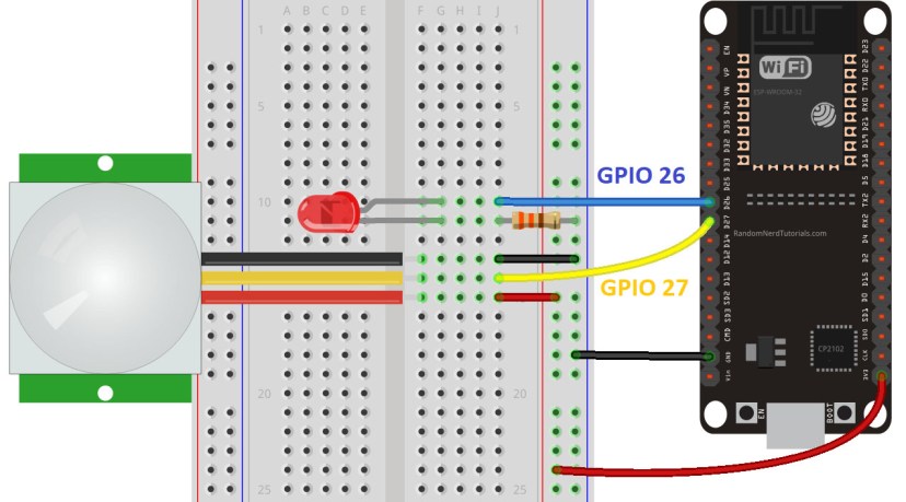 Принципиальная схема ESP32 с PIR-датчиком и светодиодом