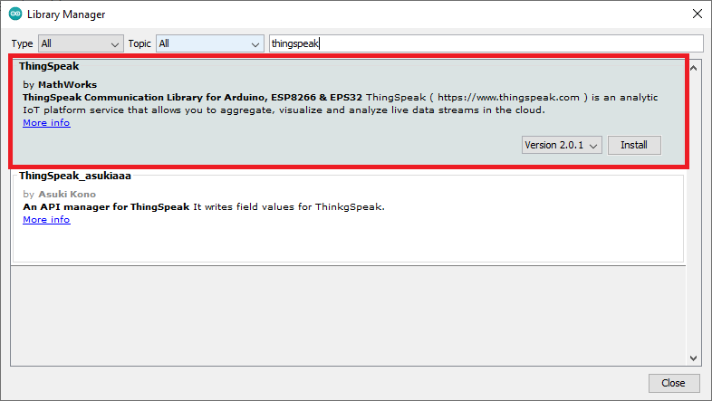 Установка библиотеки ThingSpeak в Arduino IDE