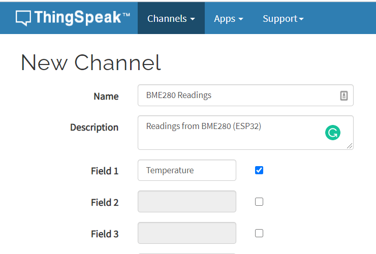 Настройки нового канала ThingSpeak